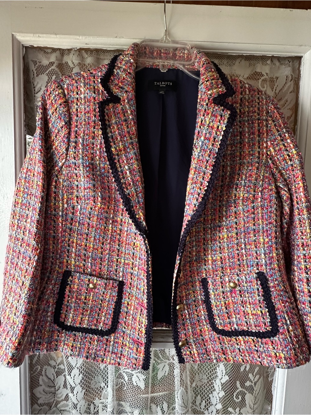 Talbots Multicolor Tweed Jacket with Navy Trim